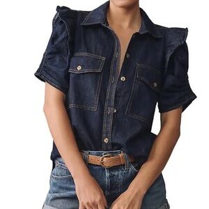 Pilcro The Ozzi Ruffle-sleeve Buttondown Shirt - Indigo